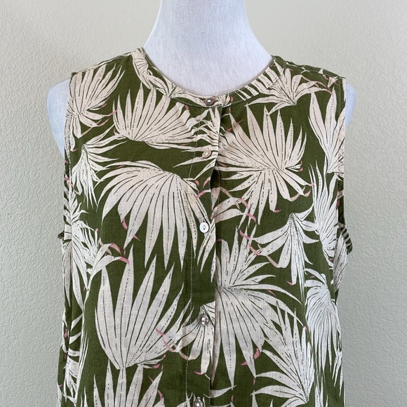 Tahari 100% linen floral sleeveless button down blouse medium - Picture 2 of 6